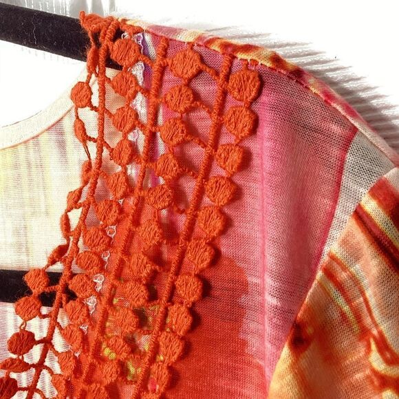 French Blue Brand Tunic Orange Floral Lightweight High Low Orange Crochet Front - Picture 5 of 11